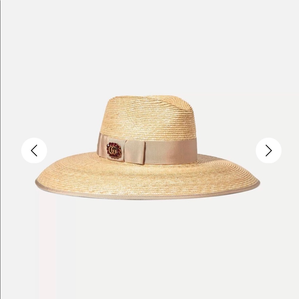 GUCCI Embellished grosgrain-trimmed straw hat